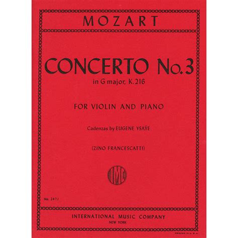 Concerto No 3 In G Major K 216 For Violin And Piano Wolfgang Amadeus Mozart Johnson String