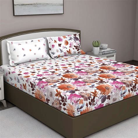 Gm Purple And Beige Floral Tc Cotton Queen Bedsheet With Pillow