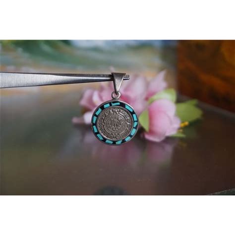 Vintage Taxco Silver Maya Calendar Silver Pendant With Turquoise Decor