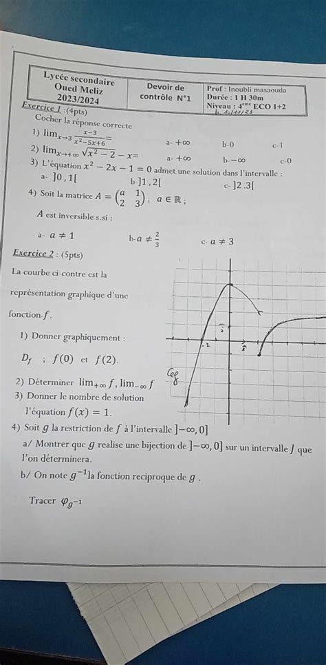 Bac Econmie et Gestion Math devoir de contrôle n1 Math