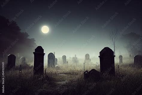 Gloomy night cemetery, stone monuments. Graveyard at night. Sky with clouds, fog. Dramatic scene ...