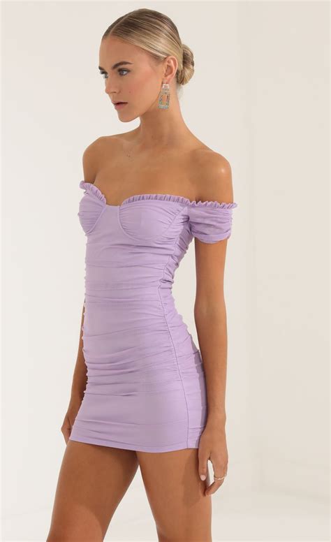 Doris Mesh Off The Shoulder Dress In Purple Lucy In The Sky