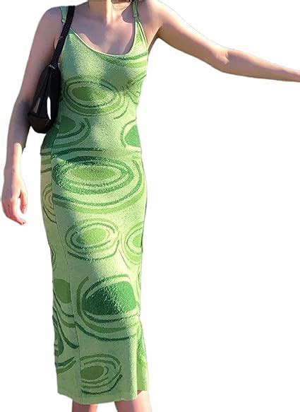 Women Knit Bodycon Dresses Y2k Sexy Print Dress Vintage Sleeveless V Neck Party Midi Cami Tank