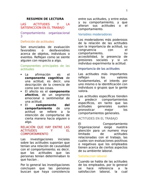 Resumen Resu Resumen De Lectura Las Actitudes Y La Satisfaccion