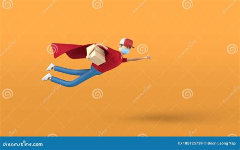 D Rendering Fast Speedy Flying Delivery Man In Medical Mask And Capes