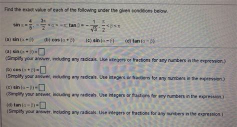 Solved Find The Exact Value Of Each Of The Following Under