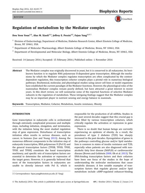 Pdf Regulation Of Metabolism By The Mediator Complex