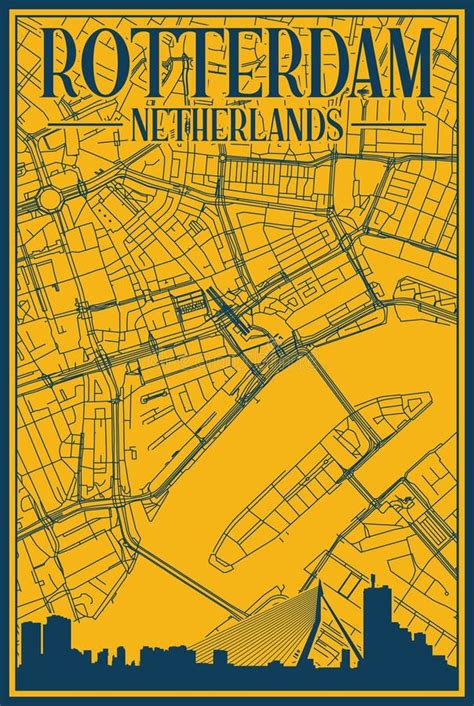 Hand Drawn City Road Network And Skyline Poster Of The Downtown