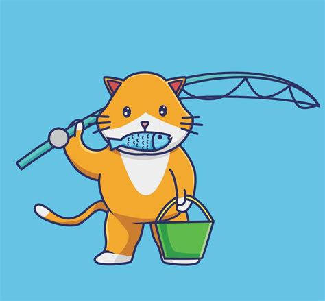 Cute Ginger Cat Fishing A Fish Animal Isolated Cartoon Flat Style Icon