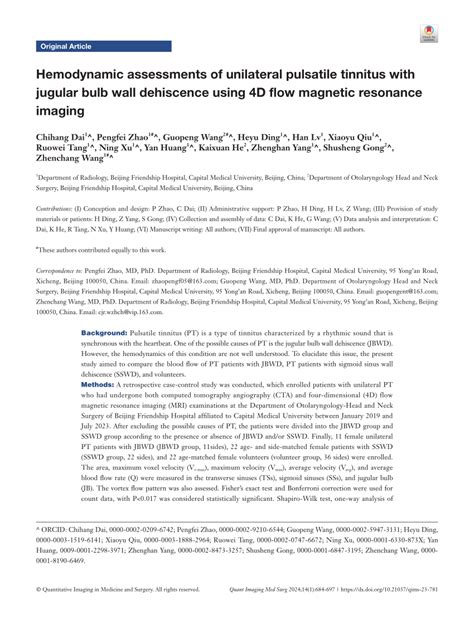 Pdf Hemodynamic Assessments Of Unilateral Pulsatile Tinnitus With