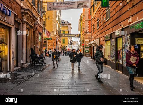 Italy Liguria Genoa Via San Vincenzo Shopping Pedestrian Street Stock