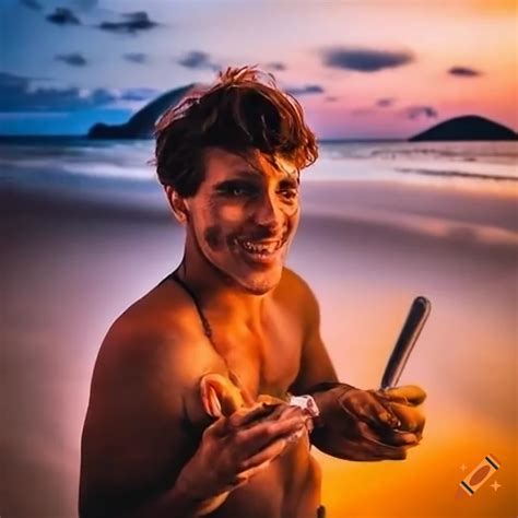 Male Tourist Taking A Selfie While Eating Brazilian Food At A Beach