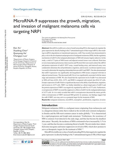 PDF MicroRNA 9 Suppresses The Growth Migration And Invasion Of