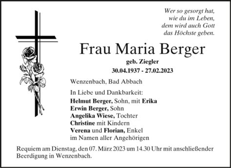 Traueranzeigen Von Maria Berger Mittelbayerische Trauer