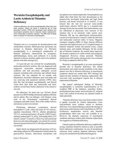 PDF Wernicke Encephalopathy And Lactic Acidosis In Thiamine Deficiency