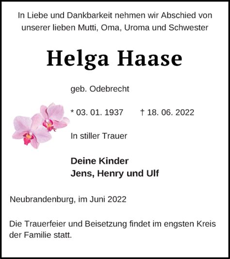 Traueranzeigen Von Helga Haase Trauer Nordkurier