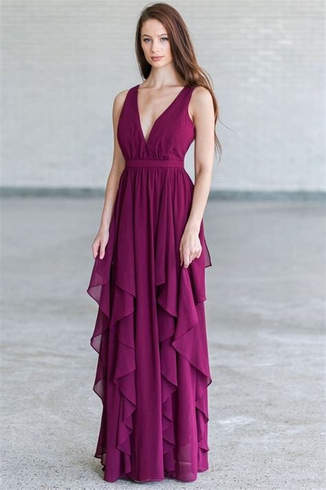 Plum Purple Ruffle Maxi Bridesmaid Dress Plum Purple Prom Dress Online Lily Boutique