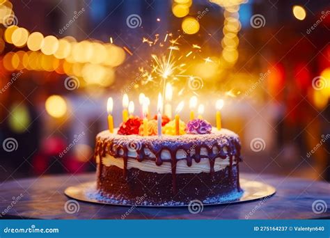 Birthday Cake With Lit Candles On Table With Blurry Lights In The