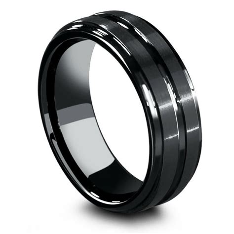 Mens Black Ceramic Ring With Carved Groove And Step Down Edges