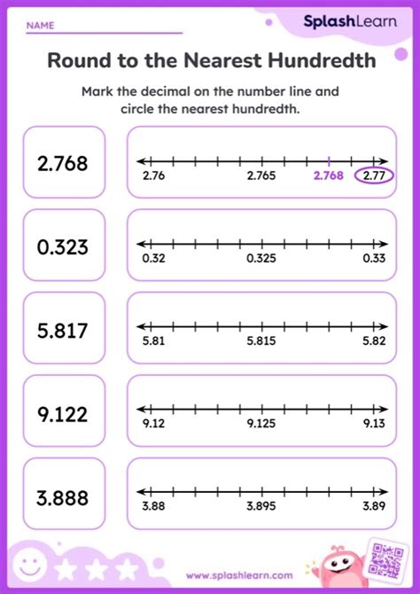 Round Decimals To The Nearest Hundredth Using Number Line Worksheet