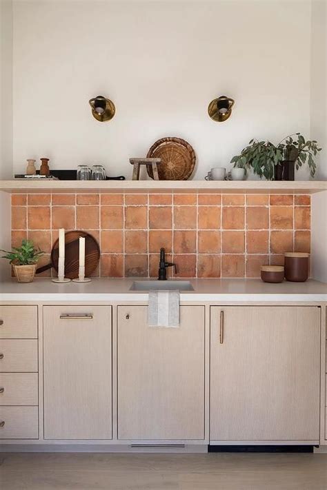 Gray Wash Oak Cabinets With Terracotta Grid Backsplash Tiles Cottage Kitchen Kitchen