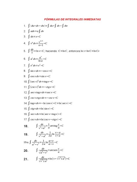 Fórmulas De Integrales Inmediatas Pdf