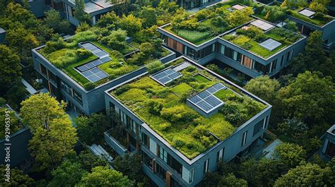 Modern Buildings With Green Roofs And Solar Panels Surrounded By Lush