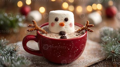 Cute Marshmallow Snowman Floating In Hot Chocolate In Red Cup With