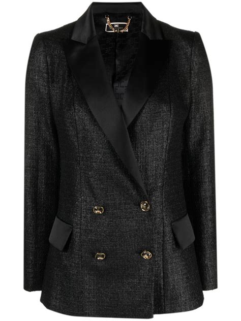 Elisabetta Franchi Double Breasted Laminated Tweed Blazer Black