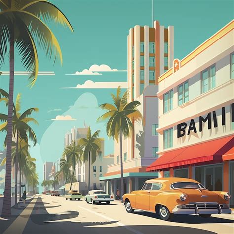 Premium AI Image Retro Miami Beach Sun Sea And Iconic Buildings