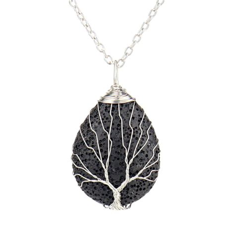 Pendentif Goutte Arbre De Vie Wrap En Pierre De Lave Noire Chaine 4cm