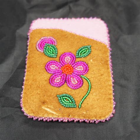 Moose Hide Debit Card Holder Pink Beaded Flower Design Arctic Canada Trading