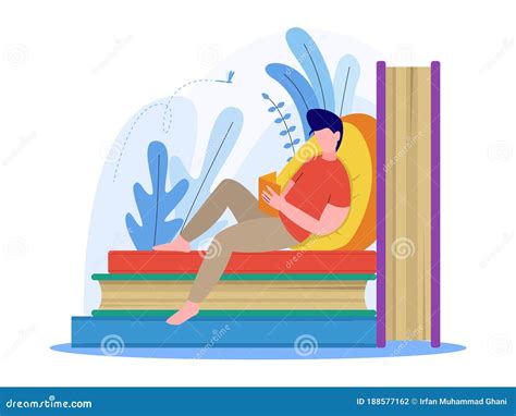 Hombre Leyendo Un Libro Y Sentado En Una Pila De Libros Ilustraci N Del