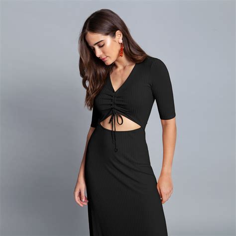 Vestido Malha Canelado Tracy Midi Preto Reativo Lez A Lez