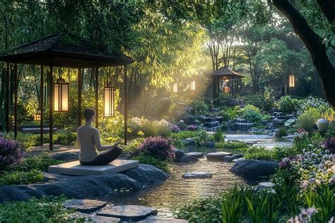 Peaceful Garden Setting For Mindfulness Premium Ai Generated Image