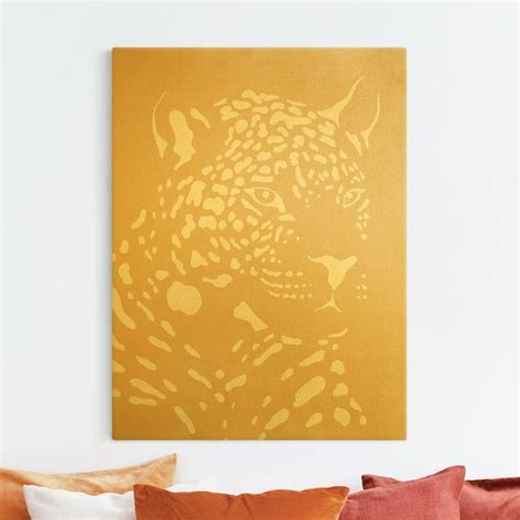 Safari Tiere Portrait Leopard Beige Leinwandbild Gold Im Hochformat