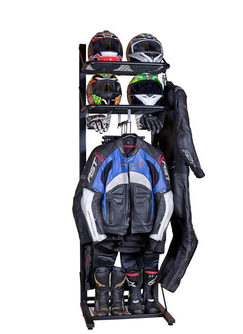 A Motorcycle Jacket And Helmet Rack On Wheels