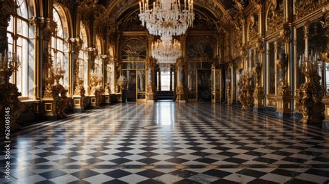 A grand ballroom in an old castle, with crystal chandeliers, gold ...