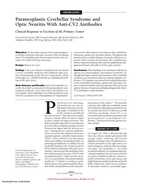 PDF Paraneoplastic Cerebellar Syndrome And Optic Neuritis