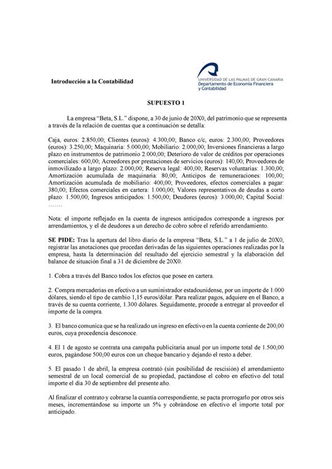 Supuestos Resueltos Intro Conta Introducción A La Contabilidad Supuesto 1 La Empresa