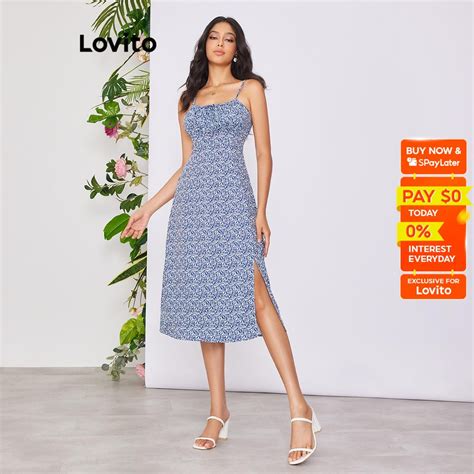 Lovito Boho Ditsy Floral Ruched Lace Up Split Dress For Women LBE02034