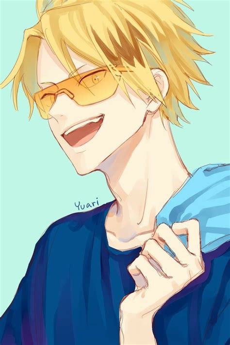 An Anime Character With Blonde Hair And Glasses Smiling At The Camera While Holding His Hand On