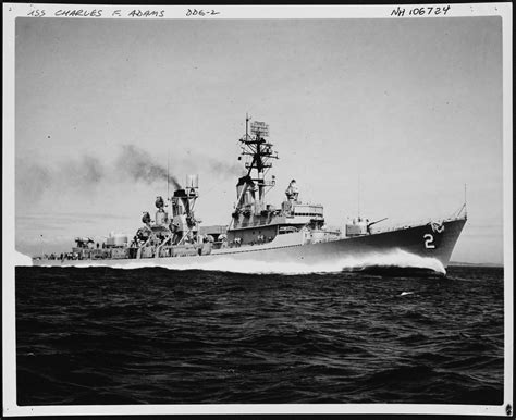 USS Charles F. Adams DDG-2 Underway at high speed while running trials, 31 August 1960. Official ...