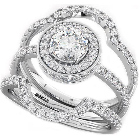 Round Cut CZ Halo Design 3 Piece Genuine 925 Sterling Silver Luxury