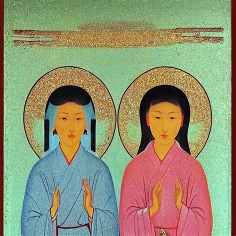 Portrait Of Asian Looking Girls In Iconography Style Stable