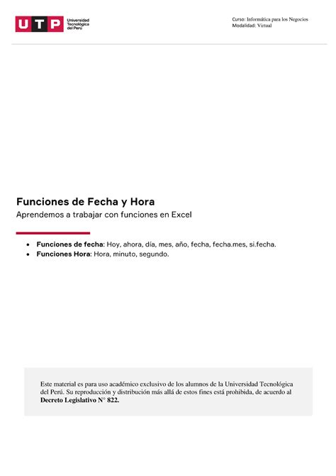 Semana Manual Funciones De Fecha Y Hora Curso Inform Tica Para