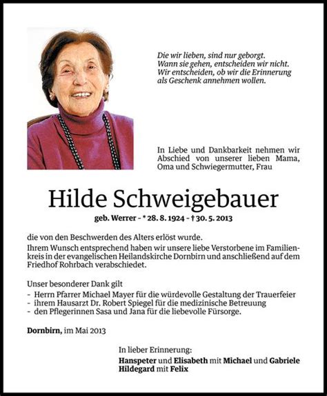 Todesanzeigen Von Hilde Schweigebauer Todesanzeigen Vorarlberger