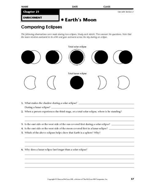 Solar And Lunar Eclipse Worksheets