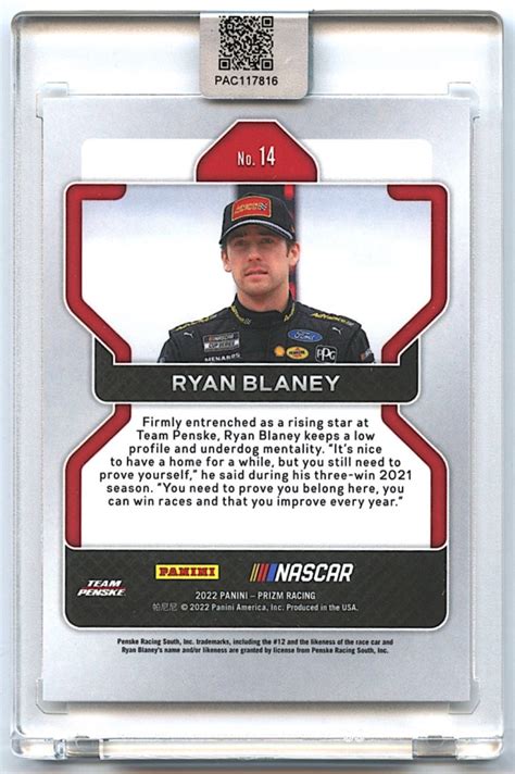 Ryan Blaney Signed 2022 Panini Prizm 14 PA Encapsulated Pristine