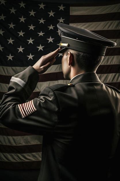 Un Soldado Saludando Frente A Una Bandera Foto Premium